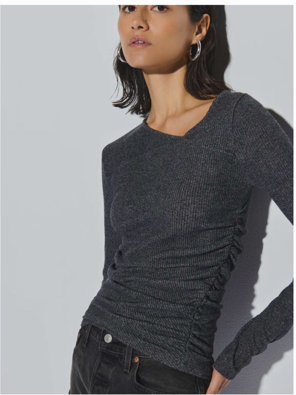 Nation LTD Arlo Top-Marled Grey Ribbed Long-Sleeve with Side Ruching XS